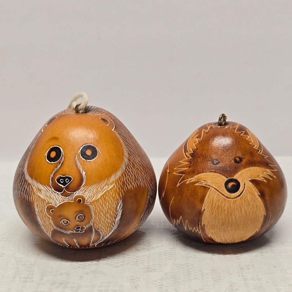 Lucuma Designs Peru Hand Carved Gourd Ornament Set Bear Mom With Cub And Fox